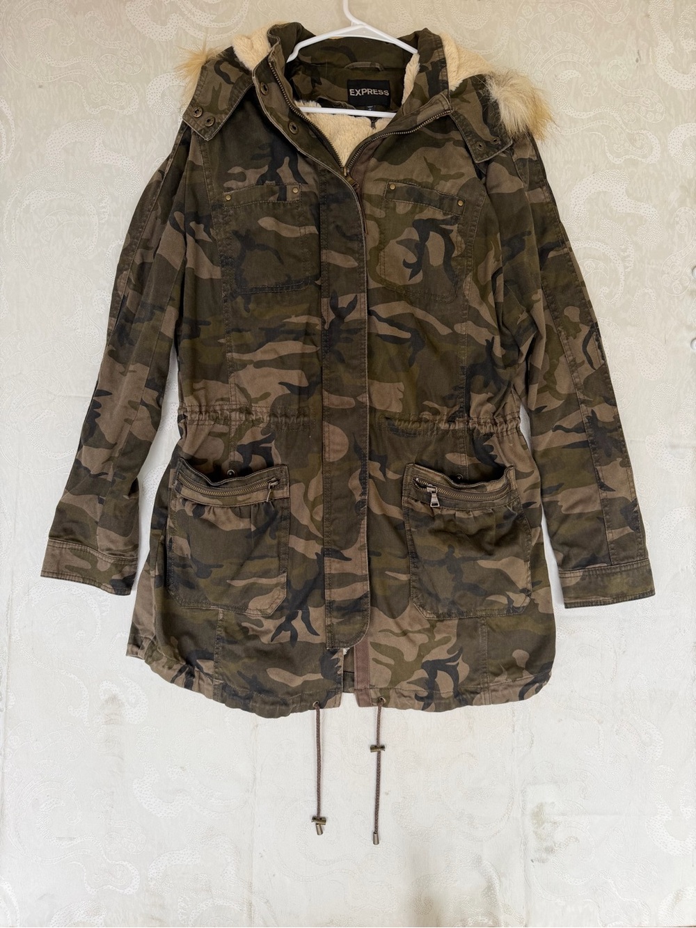 Express Camo Utility Jacket with Faux Fur Hood Trim